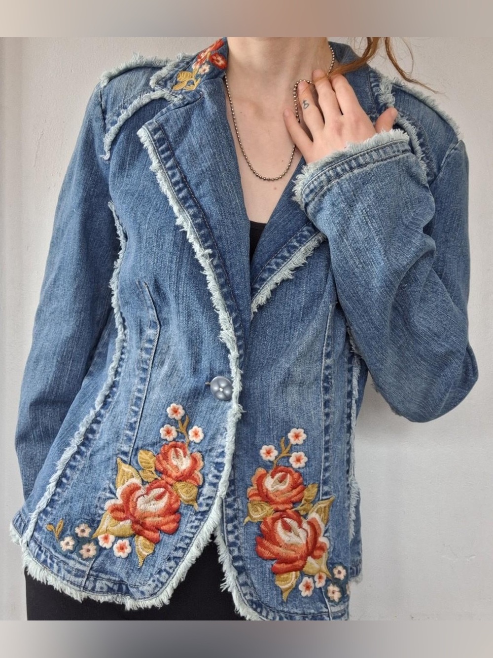 Y2K Denim Floral Embroidered Blazer